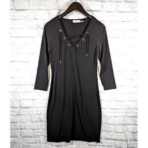 Calvin Klein Little Black Dress Lace Up Detail Bodycon Mini 3/4 Sleeve Size 4